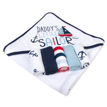 Load image into Gallery viewer, 6-pc. Baby Bath Set w/ Hooded Towel & Wash Cloths - Daddy's Little Sailor