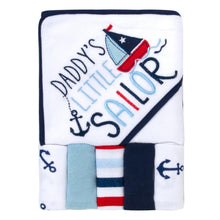 Load image into Gallery viewer, 6-pc. Baby Bath Set w/ Hooded Towel & Wash Cloths - Daddy's Little Sailor