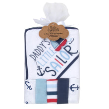 Load image into Gallery viewer, 6-pc. Baby Bath Set w/ Hooded Towel & Wash Cloths - Daddy's Little Sailor