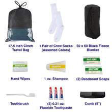 Load image into Gallery viewer, 10-Piece Deluxe Hygiene Kit with Cinch Travel Bag with Clear Window, Socks, Blanket
