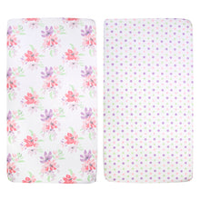 Load image into Gallery viewer, Baby Crib Mattress Fitted Sheets 2-Pack - Purple &amp; Pink Floral

