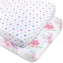 Load image into Gallery viewer, Baby Crib Mattress Fitted Sheets 2-Pack - Purple &amp; Pink Floral
