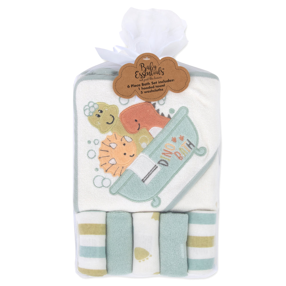 6-Piece Baby Bath Set with Hooded Towel & Wash Cloth - Little Dinosaurs